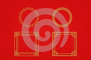 Chinese frame or border set on red background. traditional asian ornaments, golden oriental