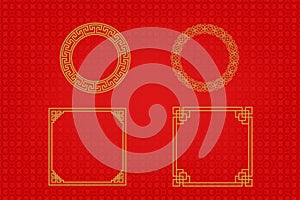 Chinese frame or border set on red background. traditional asian ornaments, golden oriental