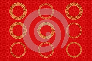 Chinese frame or border set on red background. traditional asian ornaments, golden oriental