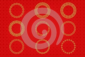 Chinese frame or border set on red background. traditional asian ornaments, golden oriental