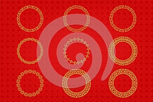 Chinese frame or border set on red background. traditional asian ornaments, golden oriental