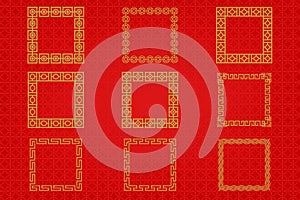 Chinese frame or border set on red background. traditional asian ornaments, golden oriental