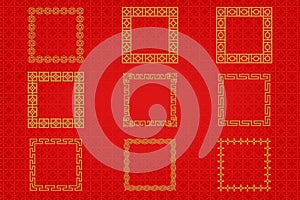 Chinese frame or border set on red background. traditional asian ornaments, golden oriental