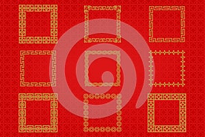 Chinese frame or border set on red background. traditional asian ornaments, golden oriental