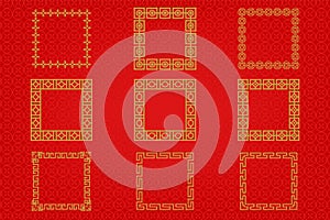 Chinese frame or border set on red background. traditional asian ornaments, golden oriental