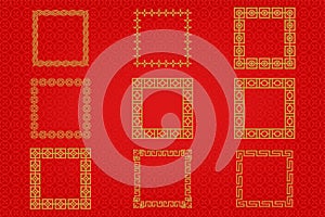 Chinese frame or border set on red background. traditional asian ornaments, golden oriental