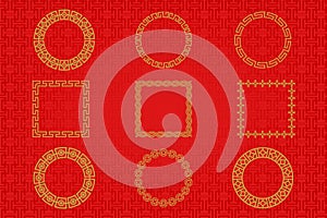 Chinese frame or border set on red background. traditional asian ornaments, golden oriental