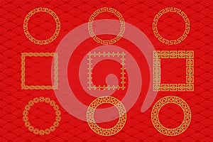 Chinese frame or border set on red background. traditional asian ornaments, golden oriental