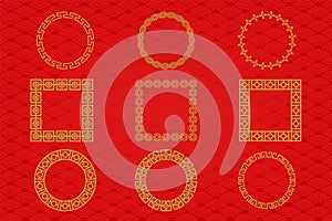 Chinese frame or border set on red background. traditional asian ornaments, golden oriental