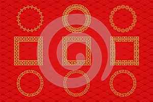 Chinese frame or border set on red background. traditional asian ornaments, golden oriental