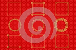 Chinese frame or border set on red background. traditional asian ornaments, golden oriental