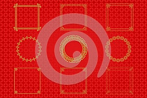 Chinese frame or border set on red background. traditional asian ornaments, golden oriental