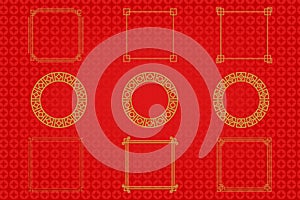 Chinese frame or border set on red background. traditional asian ornaments, golden oriental