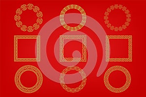 Chinese frame or border set on red background. traditional asian ornaments, golden oriental