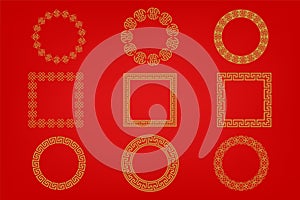 Chinese frame or border set on red background. traditional asian ornaments, golden oriental