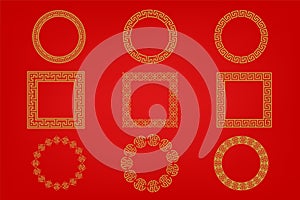 Chinese frame or border set on red background. traditional asian ornaments, golden oriental