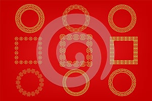 Chinese frame or border set on red background. traditional asian ornaments, golden oriental