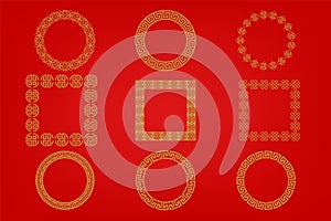 Chinese frame or border set on red background. traditional asian ornaments, golden oriental