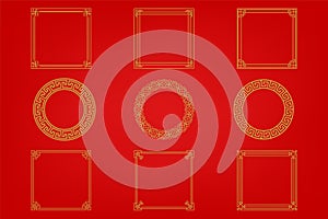 Chinese frame or border set on red background. traditional asian ornaments, golden oriental