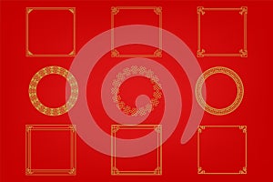 Chinese frame or border set on red background. traditional asian ornaments, golden oriental