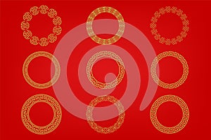 Chinese frame or border set on red background. traditional asian ornaments, golden oriental