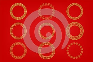 Chinese frame or border set on red background. traditional asian ornaments, golden oriental