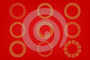 Chinese frame or border set on red background. traditional asian ornaments, golden oriental