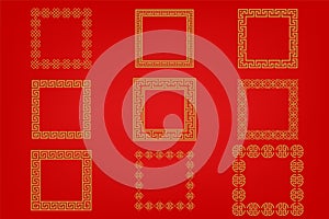 Chinese frame or border set on red background. traditional asian ornaments, golden oriental