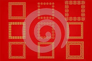 Chinese frame or border set on red background. traditional asian ornaments, golden oriental