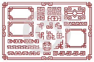 Chinese frames. Asian new year decorative square borders, red traditional oriental graphic patterns vintage art vector