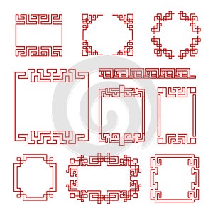 Chinese frames. Asian new year decorative traditional borders, oriental red line retro pattern for image frame in