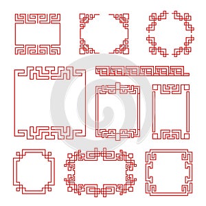 Chinese frames. Asian new year decorative traditional borders, oriental red line retro pattern for image frame in photo