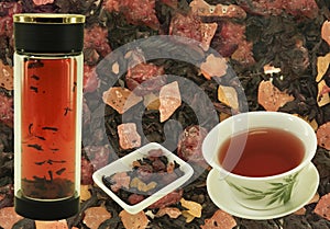 Chinese fruit tea. Blank for label or design on tea background before preparation. Content for the designer