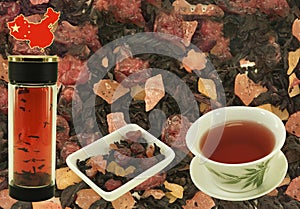 Chinese fruit tea. Blank for label or design on tea background before preparation. Content for the designer