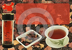 Chinese fruit tea. Blank for label or design on tea background before preparation. Content for the designer