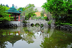 Chinese garden with footbridge