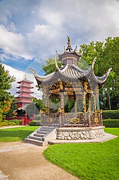 Chinese garden house and tower in Brussels, Belgium