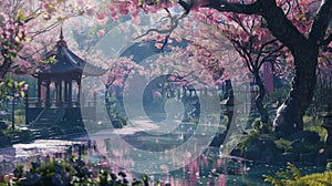 Chinese Garden With Pink Blossoms