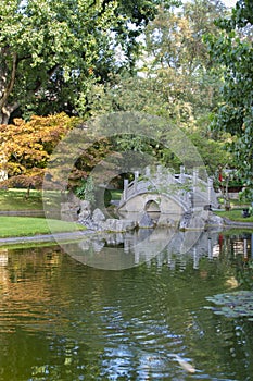 Chinese Garden a view of the garten lake bridge.