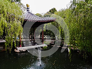 Chinese garden with water fountain and koi pond