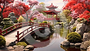 Chinese garden with wooden bridge and red cherry blossom in autumn season, AI Generated