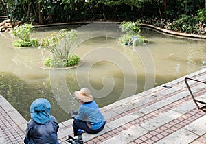 Chinese gardener woman doing gardening in the city park of Hong Kong