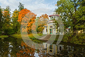 Chinese gazebo. Autumn Park in Pushkin. Saint-Petersburg. Morning.