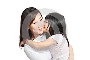 Chinese girl kissing asian mother against white