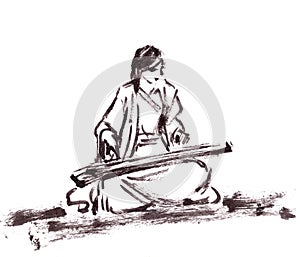 chinese girl musician in chinese costume playing guqin, ink drawing in chinese style