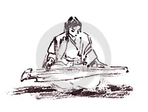 chinese girl musician in chinese costume playing guqin, ink drawing in chinese style