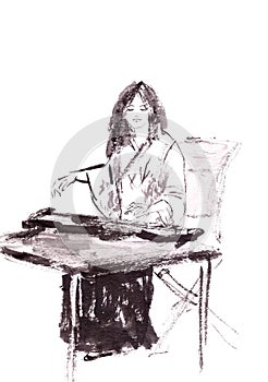 chinese girl musician in chinese costume playing guqin, ink drawing in chinese style