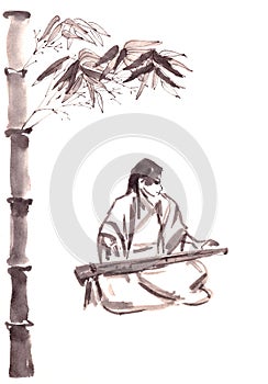 chinese girl musician in chinese costume playing guqin under the bamboo tree, ink drawing in chinese style