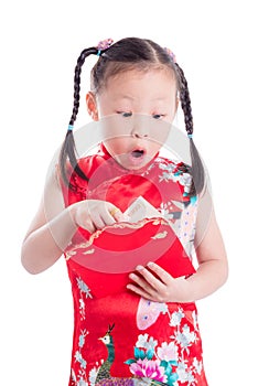 Chinese girl opening red packet money over white background