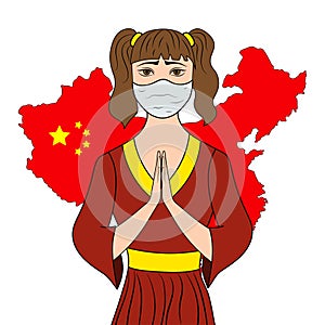 Chinese girl in protection mask put her hands in a pray. Coronavirus epidemy.